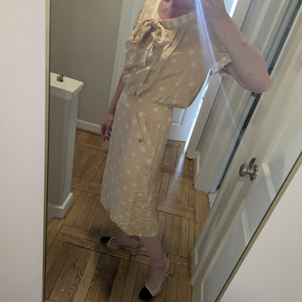 CHANEL Cream Polka Dot Dress with Bow